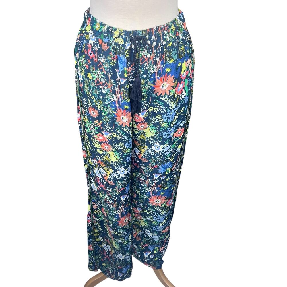 Lior Paris Floral Palazzo Pants w/Side-Seam Trim & Tie-Waist Oversized S fits M